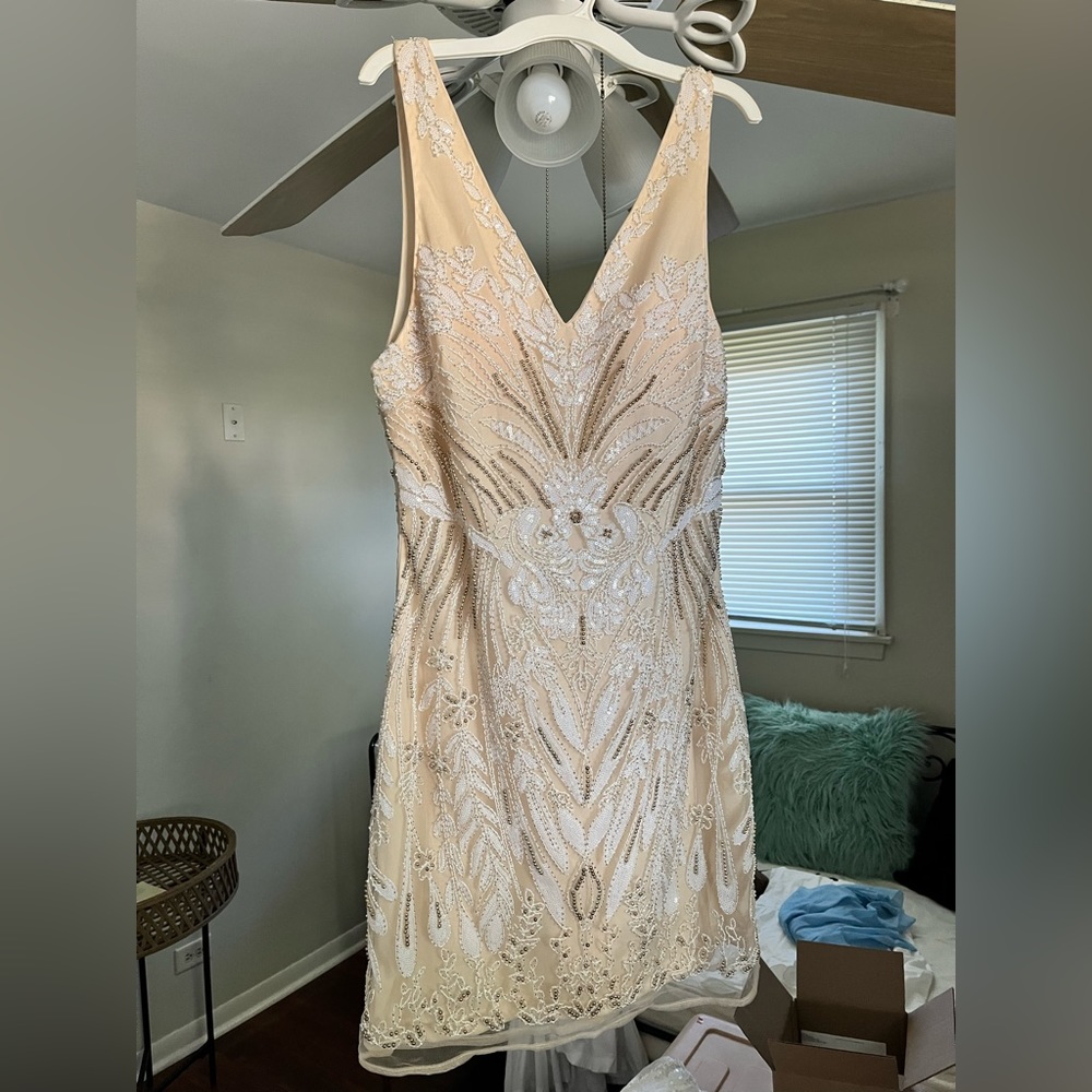 Vici Champagne-Beige Sequin Embellished V-Neck Mini Dress